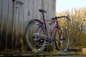 Kinesis Tripster AT in purple next to a barn.