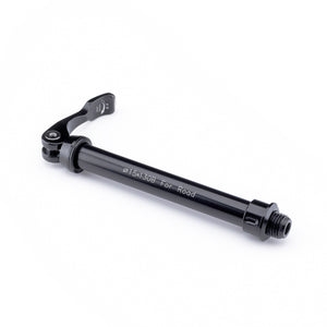 A black 15mm bicycle fork axle kit with a lever and branding on the side.