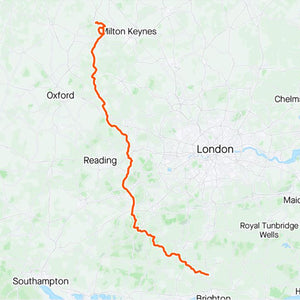 Map with a red line indicating a route from Milton Keynes to London.