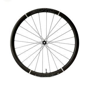 A black Boyd Cycling 36mm Carbon Road bicycle wheel with thin silver spokes and a black hub, shown against a solid white background.