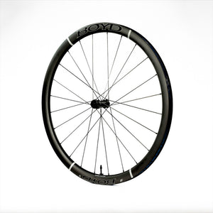 Boyd Cycling 36mm road wheel three quarter view showing the brand logo and decals on a white background