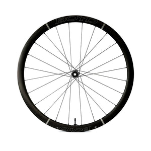 A black Boyd Cycling 36mm Carbon road bicycle wheel with thin black spokes and a black rim, shown against a solid white background.