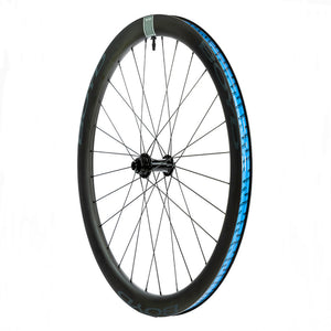 Boyd Cycling 44mm Carbon Road Wheel three quarter view showing the logo and decals with the internal view of the rim tape on a white background