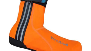 Dexshell water-resistant Orange shoe covers with black and grey accents 