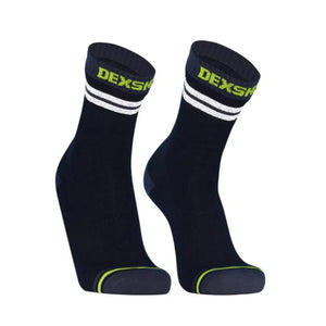 Dexshell black socks with white stripes and green accents on a white background
