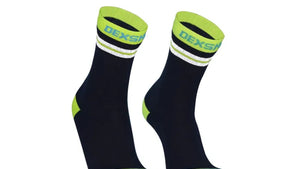 Pair of waterproof black socks with green accents and 'DexShell' branding on a white background.