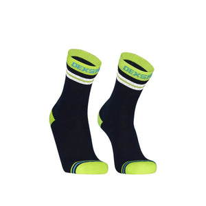 Pair of waterproof black socks with green accents and 'DexShell' branding on a white background.