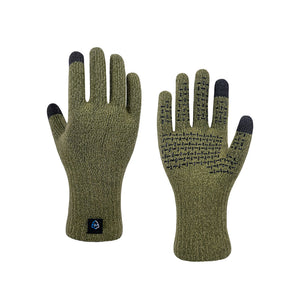 A pair of Dexshell Olive Green Waterproof knit gloves shown against a plain white background, with one glove displaying the back of the hand and the other showing the palm side with textured grip dots on the fingers.
