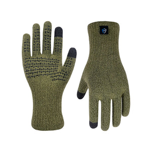 A pair of Dexshell Olive Green Heather waterproof knit work gloves with black grip dots on the fingertips and palms, shown against a plain white background.