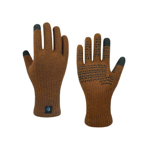 A pair of Dexshell Red Clay Heather waterproof knit work gloves shown front and back on a plain white background. The palms and backs are brown, with black grip dots on the fingertips and back, and a small blue brand patch near the wrist on the front glove.