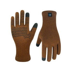 A pair of Dexshell Red Clay waterproof knit work gloves shown against a plain white background, with one glove displaying the textured back and the other showing the palm side with black grip dots on the fingertips.