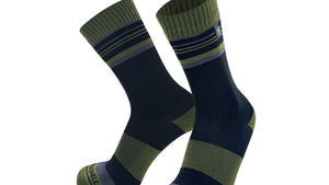 A pair of Dexshell  Thermlite 2.0 Waterproof socks in a colour-blocked pattern of olive green, navy blue, and grey, with the brand name 'DEXSHELL' visible on the toes.