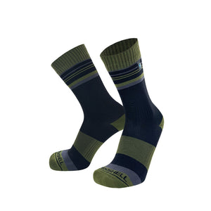 A pair of Dexshell  Thermlite 2.0 Waterproof socks in a colour-blocked pattern of olive green, navy blue, and grey, with the brand name 'DEXSHELL' visible on the toes.