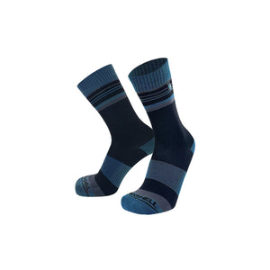 A pair of Dexshell Thermlite 2.0 waterproof socks in dark navy, blue, and gray stripes, with the brand name 'D' visible on the toes, set against a plain white background.xshell