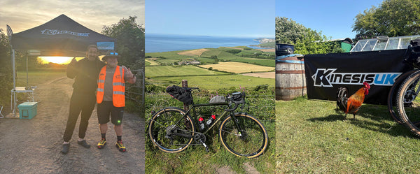 Collage of a person with a high-visibility jacket, a bicycle on a grassy field, and a Kinesiology UK branded trailer.