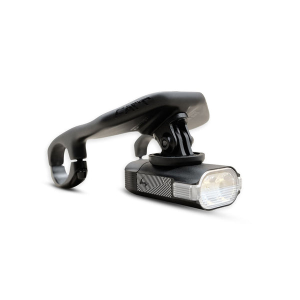 Front view of the FARR GPS bolt on carbon mount bar extensions with a light