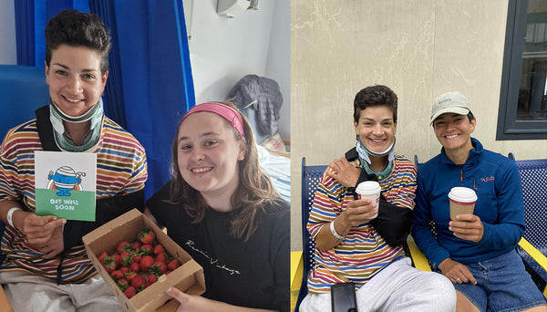 Fran in recovering in hospital and outside on a bench