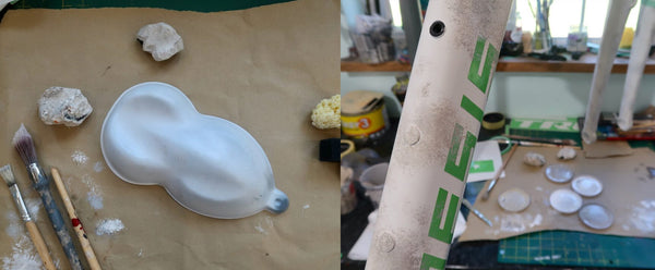 A split-screen view showing a white, peanut-shaped silicone mould on brown paper next to a real workshop environment with a downtube painted green, paint brushes, and small plaster-like pieces on a workbench.