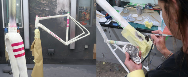 A split-screen photo showing a Kinesis Tripster bicycle frame being prepared for painting. The left side shows the white frame with pink stripes and a yellow cloth hanging from it in a workshop.