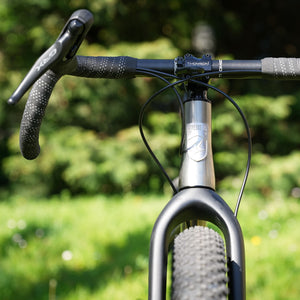 Close-up of a Kinesis head badge and handlebar with blurred greenery in the background