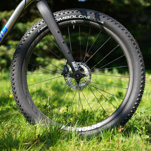 Bicycle wheel with 'Vittoria' and 'Reynolds' branding on grass
