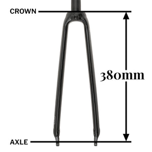 A black bicycle fork centered on a white background with measurement labels and arrows indicating a crown-to-axle distance of 380mm.