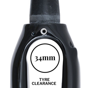 Front bicycle fork shown on a white background with measurement labels indicating a tyre clearance distance of 34mm.