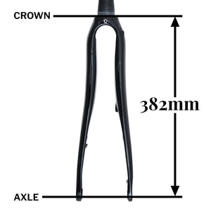 Front bicycle fork shown on a white background with measurement labels indicating a crown-to-axle distance of 382mm.