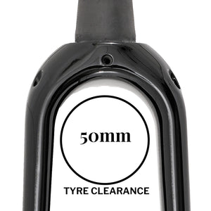 A black bicycle fork shown on a white background with measurement labels indicating a tyre clearance distance of 50mm.