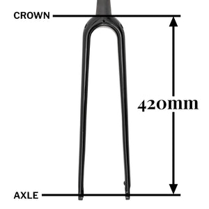 A black bicycle fork shown on a white background with measurement labels indicating a crown-to-axle distance of 420mm.