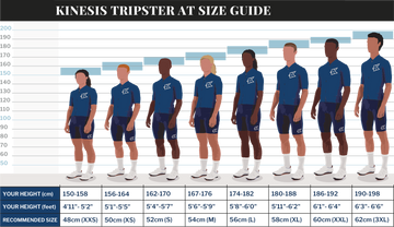 A size guide infographic for the Kinesis Tripster, showing illustrated figures of people wearing the product from different heights to indicate sizing. The graphic includes a height scale on the left, a size chart at the bottom, and text listing height and recommended size ranges.