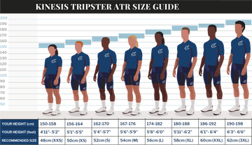 A size guide infographic for the Kinesis Tripster ATR, showing illustrated male models wearing blue athletic jerseys and shorts at different heights, with a height chart and a size table at the bottom.