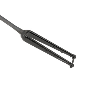 A close-up of a black bicycle fork with the brand name 'RANGE+' printed on the lower leg, set against a plain white background.