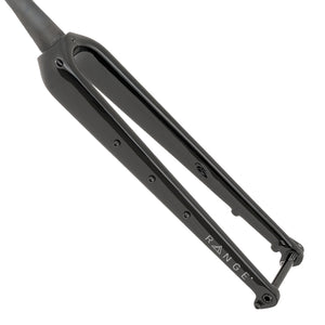 A close-up studio shot of a black bicycle fork with the brand name 'RANGE+' printed in white on the lower diagonal arm, set against a solid white background.