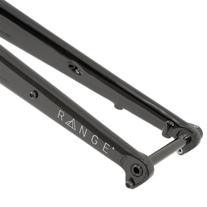 Close-up of a black carbon fork with the brand name RANGE+ printed in white, shown on a plain white background.