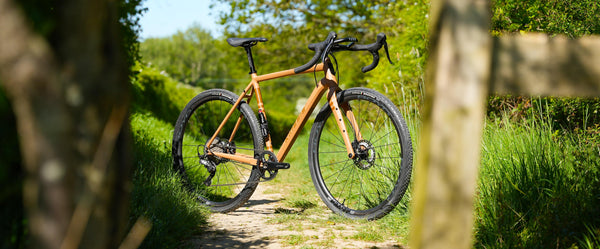Kinesis Tripster AT gravel bicycle leaning against a wooden post on a grassy path with trees in the background