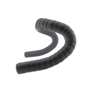 A curved black bicycle handlebar Grip tape wrap on a plain white background.
