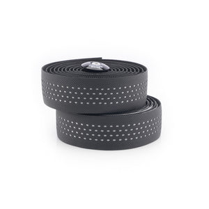 Two coiled black Kinesis Reflective bicycle handlebar tape with reflective dotted lines, stacked on a white background.