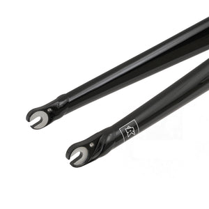 A pair of black Kinesis bicycle AF fork blades with silver inner stems, shown on a clean white background. One blade features a small white logo.