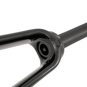 Close-up of a glossy black Kinesis AF Fork, the underneath of the crown.