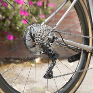 Close-up of a Kinesis Titanium GTD rear wheel and drivetrain, showing the cassette, chainring, chain, and derailleur, with a blurred outdoor background of pink flowers and a brick wall.