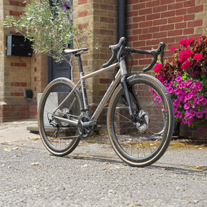 A Kinesis Titanium GTD bicycle with a metallic silver-gray frame and black components, parked on a paved street in front of a brick building with pink flowers.