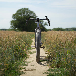 A Kinesis Fernweh MTB bicycle parked on a dirt path in a field of tall grass, with trees and a pale sky in the background.