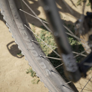 Close-up of a Kinesis Fernweh Mountain bicycle tyre with the brand name 'REYNOLDS' visible on the wheel rim, photographed outdoors with sandy ground and blurred wheel spokes in the background.