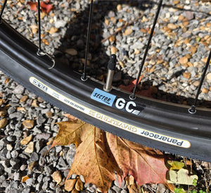 Bicycle wheel with Panaracer and Sector GC tyres on a gravel surface with leaves.