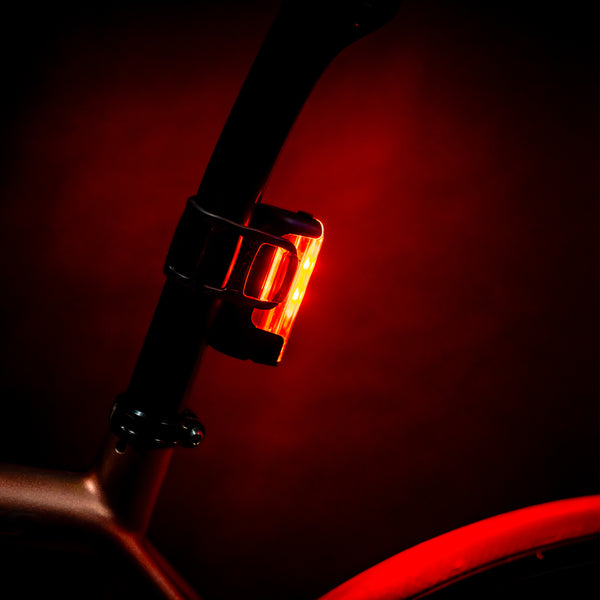 Lezyne Strip Drive Pro 400 rear light on and on a bike.