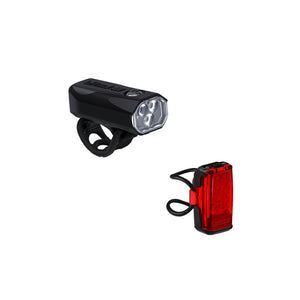 A black bicycle front light with three clear LED lenses and a red rear light with a black mounting clip, shown on a plain white background.