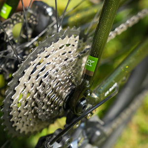 Close-up of a bicycle gear system with a green chain and sprocket.