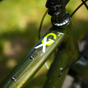 Close-up of Scott's GX Race bicycle frame with 'Racing' logo against a blurred natural background