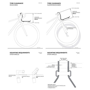 A technical specification and installation guide sheet for the Wholegrain Cycles Jack Black bike rack, featuring black and white line drawings with labels for tire clearance, mounting requirements (stem angle), and stem flare size on a white background.